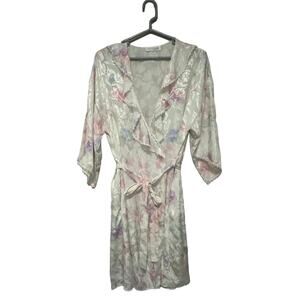 Vintage 80s White Floral Satin Robe Women Medium Coquette Cottagecore Soft Girl